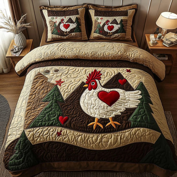 Pecking Order quilted 3-piece bedding set on a made bed with two matching pillow shams