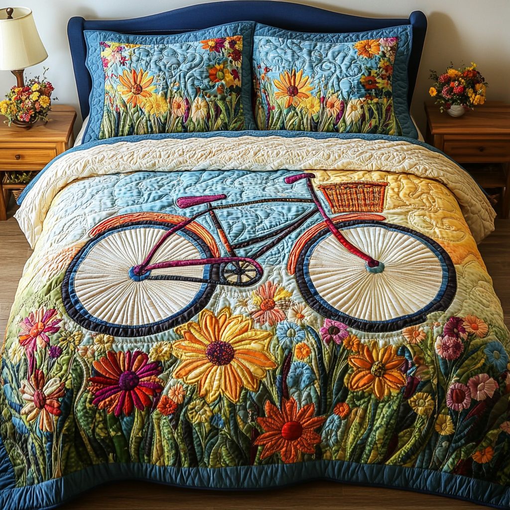 Pedal Paradise quilted 3-piece bedding set on a made bed with two matching pillow shams