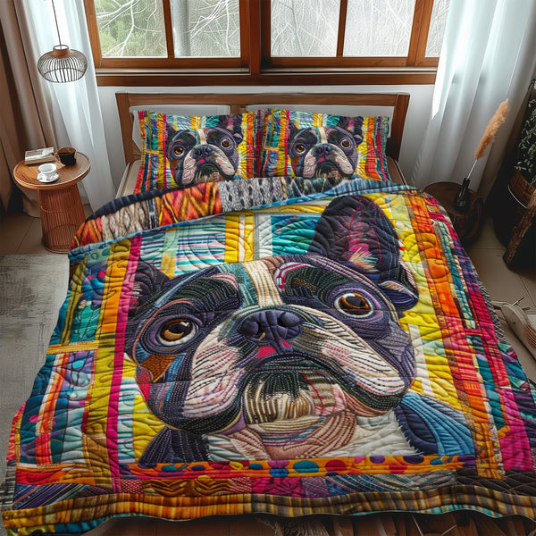 Peeking French Bulldog quilted 3-piece bedding set on a made bed with two matching pillow shams