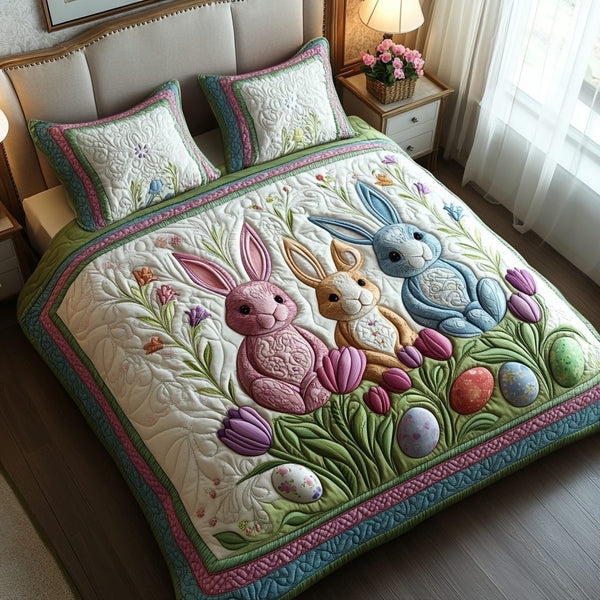 Peep Parade quilted 3-piece bedding set on a made bed with two matching pillow shams