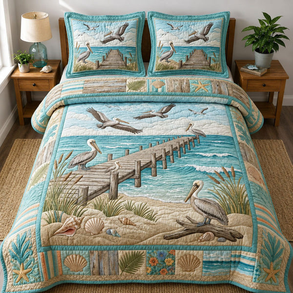 Pelican Ocean quilted 3-piece bedding set on a made bed in a light coastal bedroom