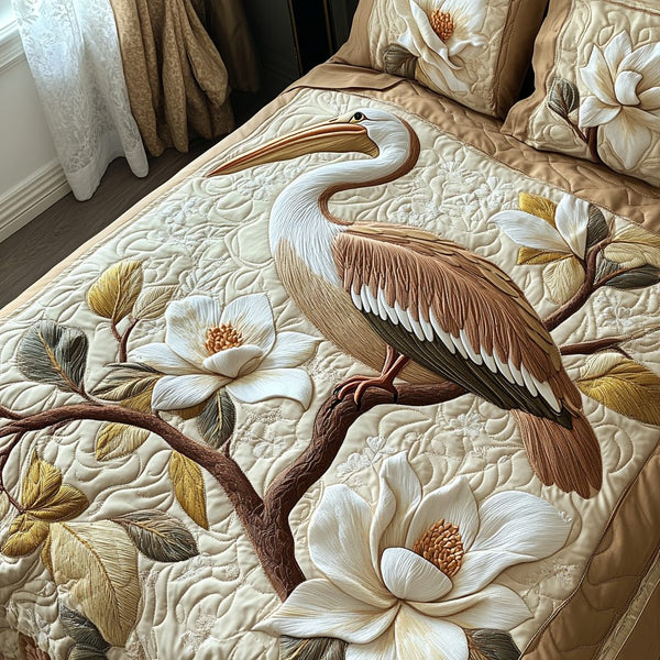 Pelican Paradise quilted 3-piece bedding set on a made bed with two matching pillow shams