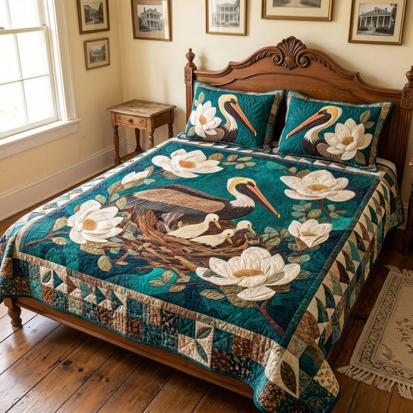 Pelican State quilted 3-piece bedding set on a made bed with two matching pillow shams