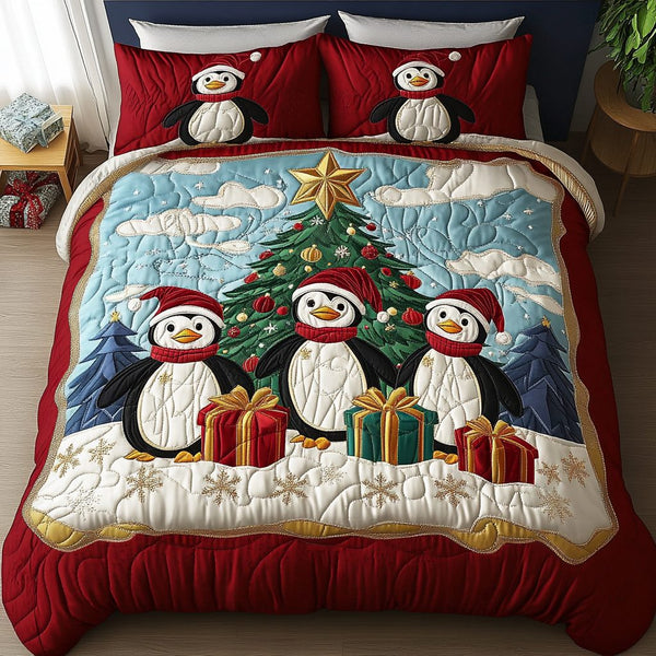 Penguin Parade quilted 3-piece bedding set on a made bed with two matching pillow shams
