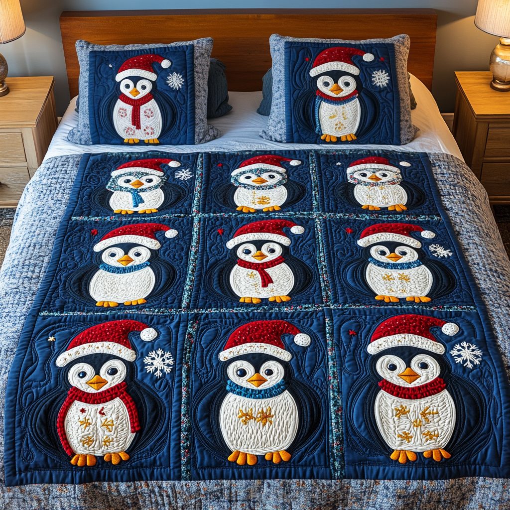 Penguin Patch quilted 3-piece bedding set on a made bed with two matching pillow shams