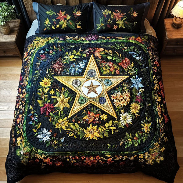 Pentacle Dreams quilted 3-piece bedding set on a made bed with two matching pillow shams
