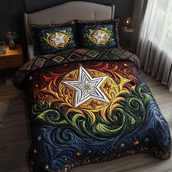 Pentagram Embrace quilted 3-piece bedding set on a made bed with two matching pillow shams