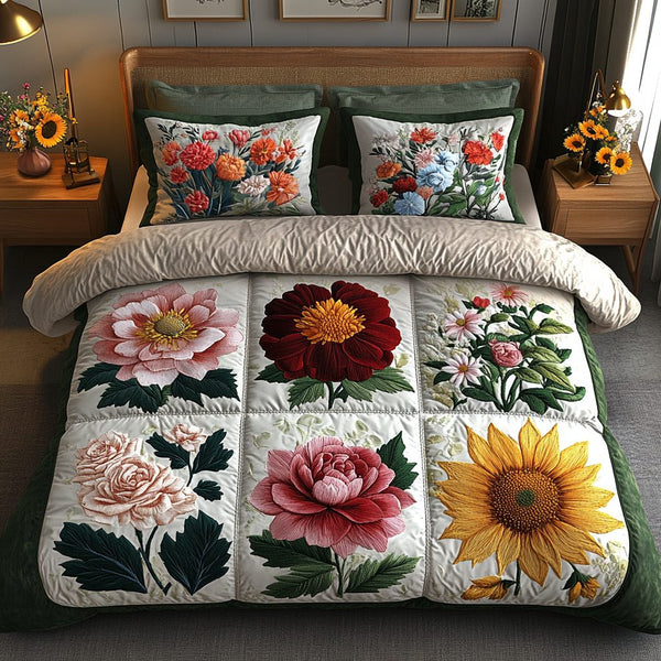 Peony Bloom quilted 3-piece bedding set on a made bed with two matching pillow shams