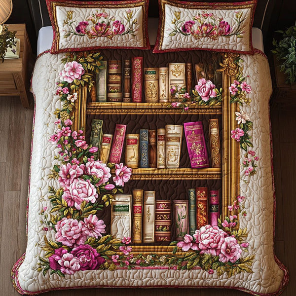 Peony Bookshelf quilted 3-piece bedding set on a made bed with two matching pillow shams