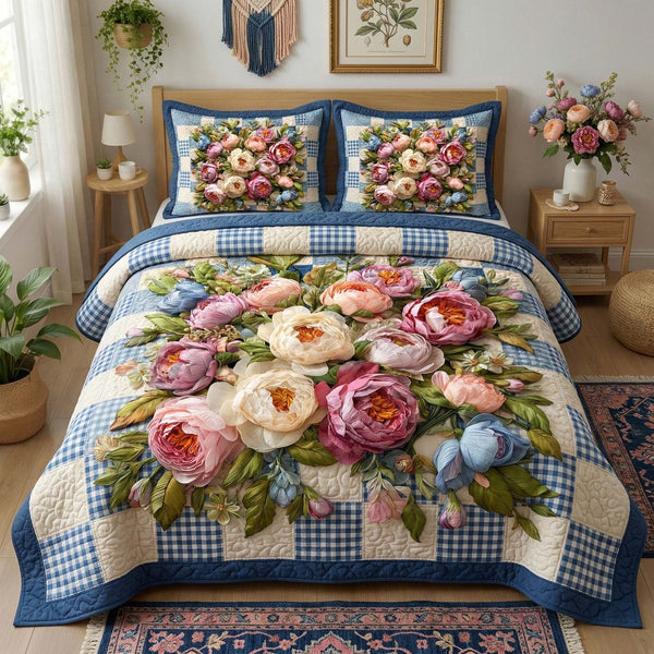 Peony Gingham quilted 3-piece bedding set on a made bed in a farmhouse bedroom