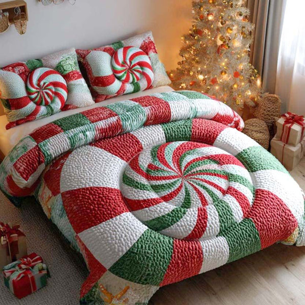 Peppermint Parade quilted 3-piece bedding set on a made bed with two matching pillow shams