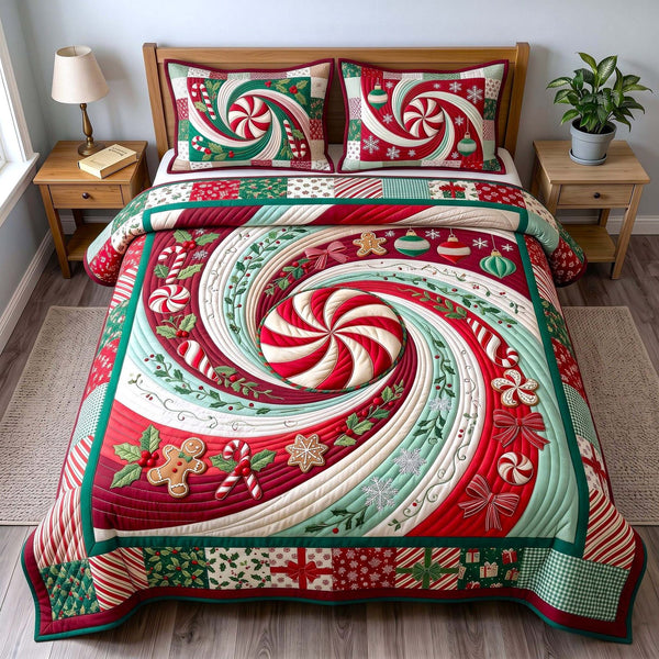 Peppermint Twist quilted 3-piece bedding set on a made bed with two matching pillow shams