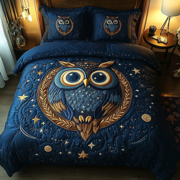 Perch And Gaze quilted 3-piece bedding set on a made bed with two matching pillow shams