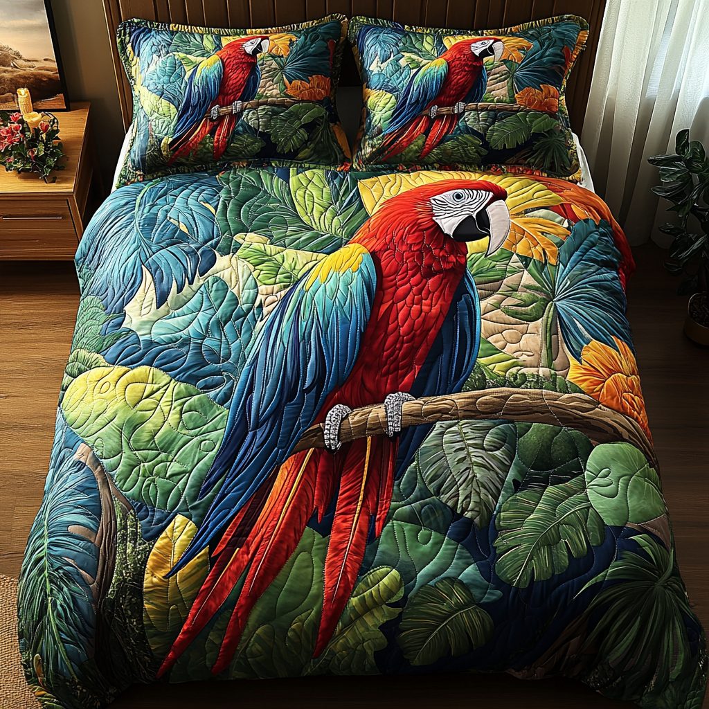 Perched Beauty quilted 3-piece bedding set on a made bed with two matching pillow shams