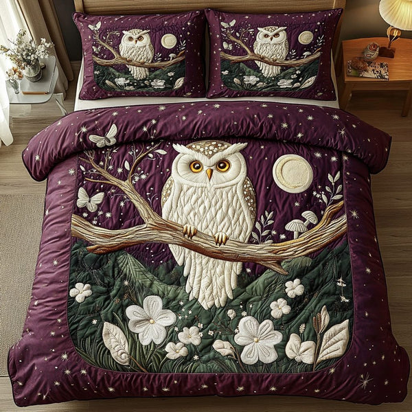 Perched Elegance quilted 3-piece bedding set on a made bed with two matching pillow shams