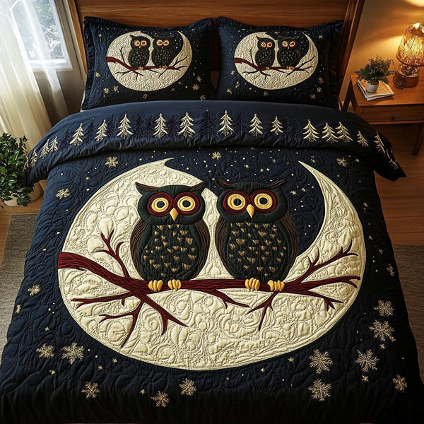 Perched Partners quilted 3-piece bedding set on a made bed with two matching pillow shams