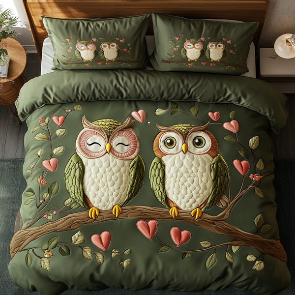 Perched Together quilted 3-piece bedding set on a made bed with two matching pillow shams