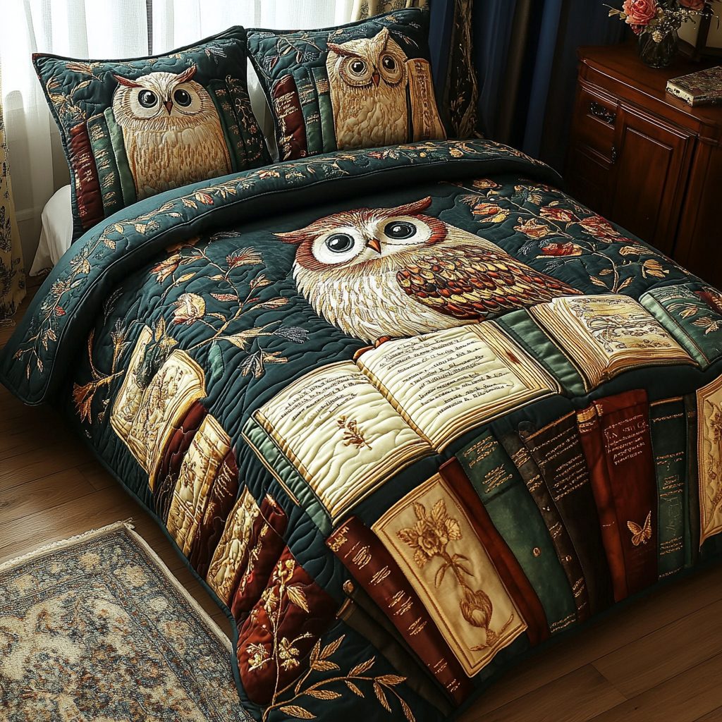 Perched Wisdom quilted 3-piece bedding set on a made bed with two matching pillow shams