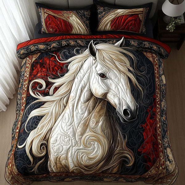 Persian Horse quilted 3-piece bedding set on a made bed in a rustic timber bedroom