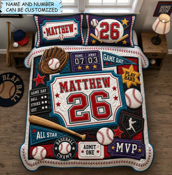 Personalized Baseball Champ 3-Piece Quilted Bedding Set quilted 3-piece bedding set on a made bed with two matching pillow shams