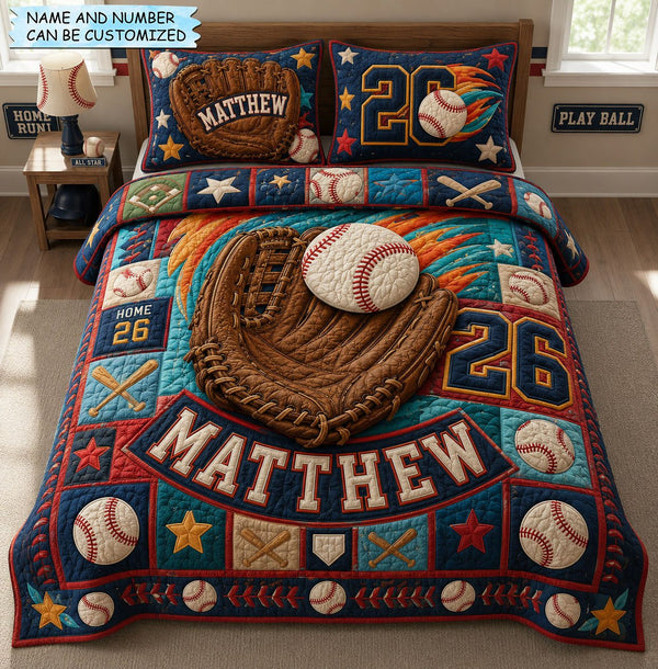 Personalized Baseball Glove Catch 3-Piece Quilted Bedding Set quilted 3-piece bedding set on a made bed with two matching pillow shams