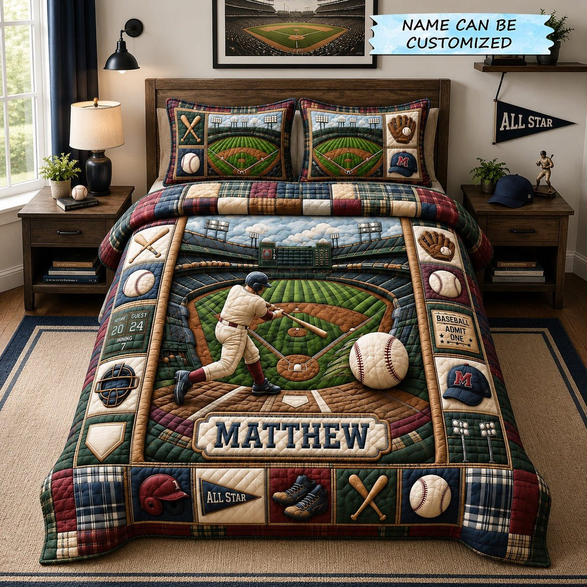 Personalized Baseball Grand Slam 3-Piece Quilted Bedding Set QTCUZ - Design 1 quilted 3-piece bedding set on a made bed with two matching pillow shams