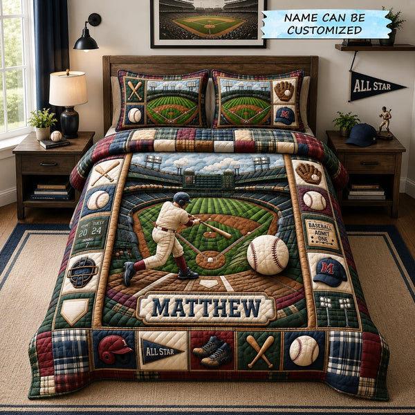Personalized Baseball Grand Slam 3-Piece Quilted Bedding Set - Design 1 quilted 3-piece bedding set on a made bed with two matching pillow shams