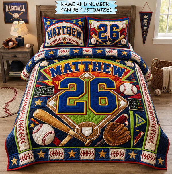 Personalized Baseball Grand Slam 3-Piece Quilted Bedding Set - Design 2 quilted 3-piece bedding set on a made bed with two matching pillow shams