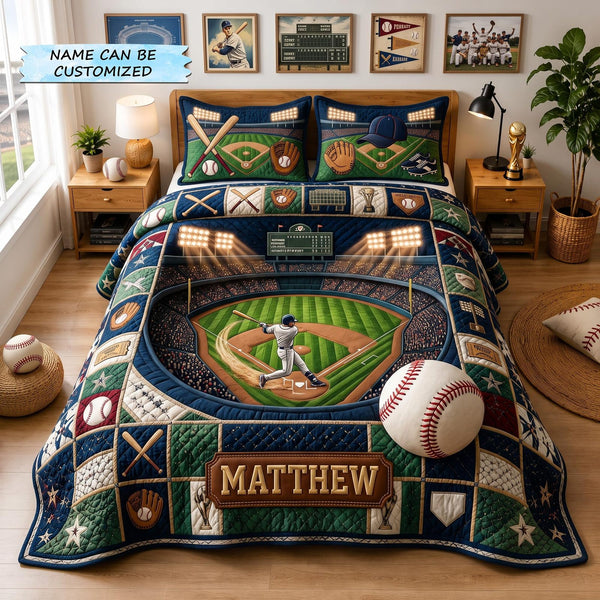 Personalized Baseball Grand Slam 3-Piece Quilted Bedding Set - Design 3 quilted 3-piece bedding set on a made bed with two matching pillow shams
