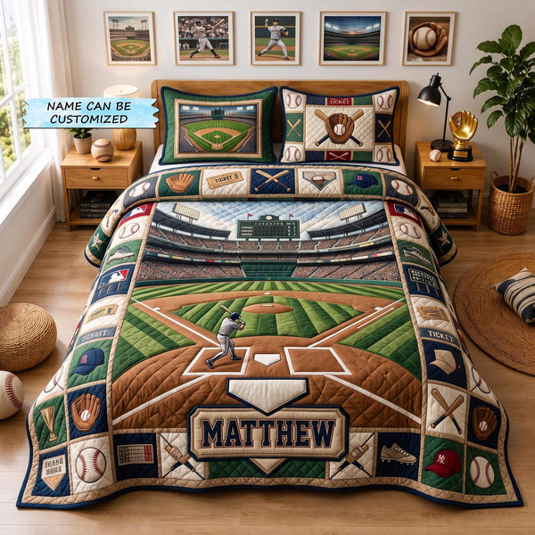Personalized Baseball Grand Slam 3-Piece Quilted Bedding Set - Design 4 quilted 3-piece bedding set on a made bed with two matching pillow shams