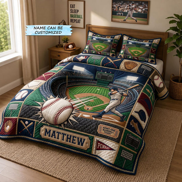 Personalized Baseball Grand Slam 3-Piece Quilted Bedding Set - Design 5 quilted 3-piece bedding set on a made bed with two matching pillow shams