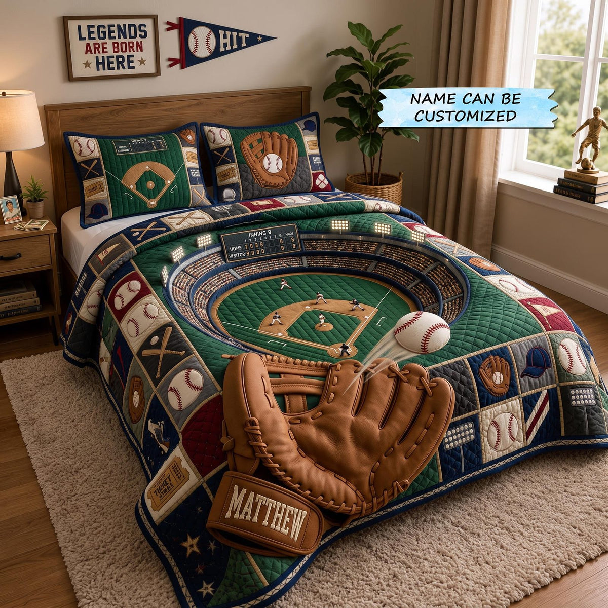 Personalized Baseball Grand Slam 3-Piece Quilted Bedding Set QTCUZ - Design 6 quilted 3-piece bedding set on a made bed with two matching pillow shams