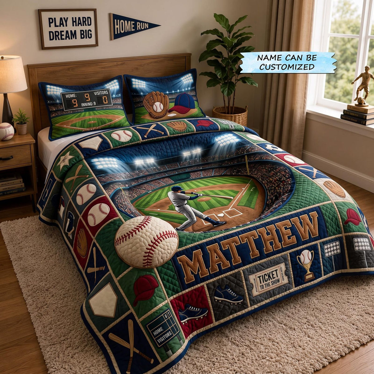Personalized Baseball Grand Slam 3-Piece Quilted Bedding Set QTCUZ - Design 7 quilted 3-piece bedding set on a made bed with two matching pillow shams