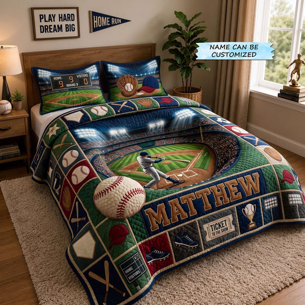 Personalized Baseball Grand Slam 3-Piece Quilted Bedding Set - Design 7 quilted 3-piece bedding set on a made bed with two matching pillow shams