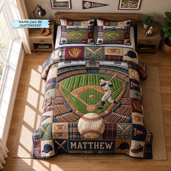 Personalized Baseball Grand Slam 3-Piece Quilted Bedding Set - Design 8 quilted 3-piece bedding set on a made bed with two matching pillow shams