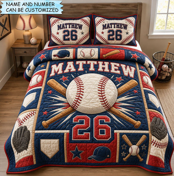 Personalized Baseball Home Run 3-Piece Quilted Bedding Set quilted 3-piece bedding set on a made bed with two matching pillow shams