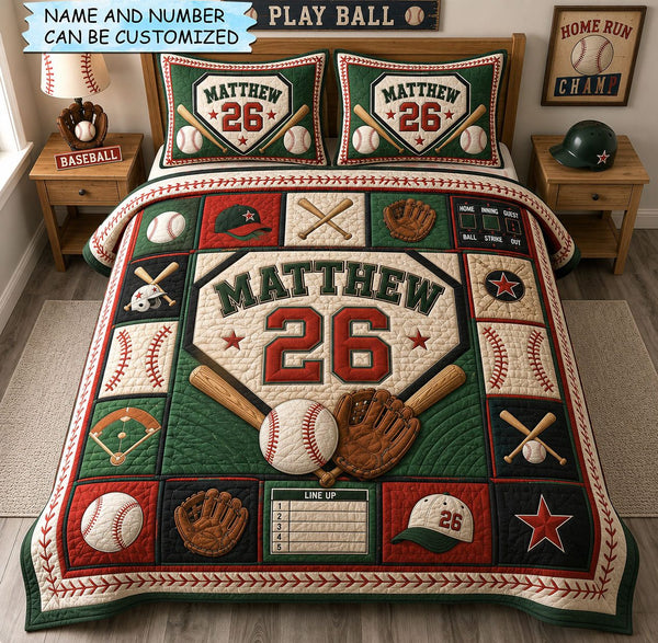 Personalized Baseball Lineup 3-Piece Quilted Bedding Set quilted 3-piece bedding set on a made bed with two matching pillow shams