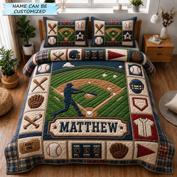 Personalized Baseball Player Field 3-Piece Quilted Bedding Set quilted 3-piece bedding set on a made bed with two matching pillow shams