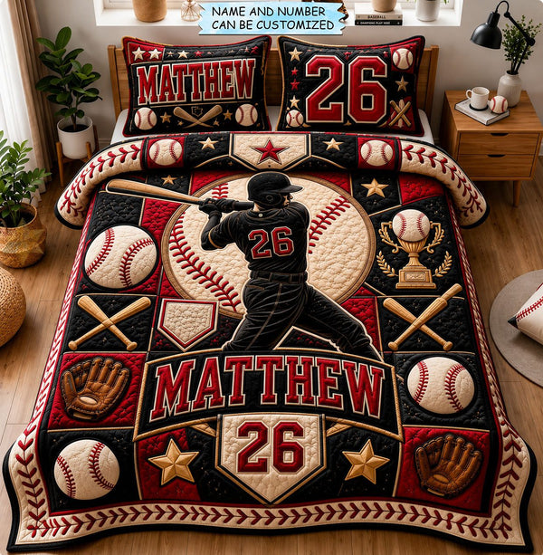 Personalized Baseball Slugger 3-Piece Quilted Bedding Set quilted 3-piece bedding set on a made bed with two matching pillow shams