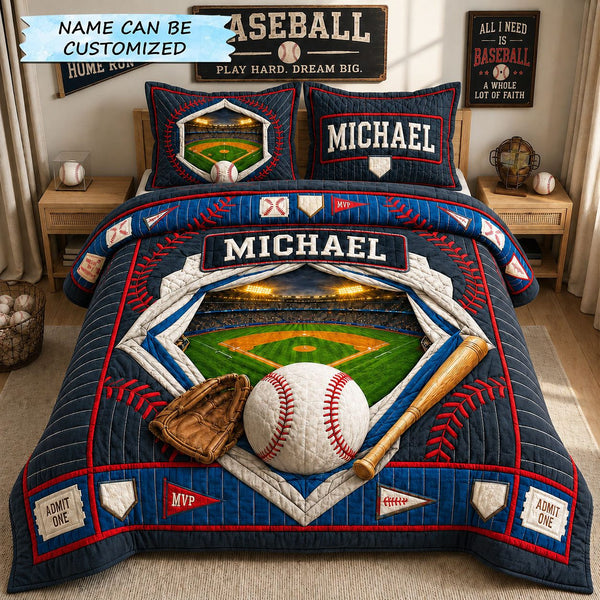 Personalized Baseball Stadium Portal 3-Piece Quilted Bedding Set QTCUZ quilted 3-piece bedding set on a made bed with two matching pillow shams