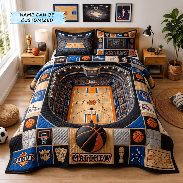 Personalized Basketball Champion 3-Piece Quilted Bedding Set - Design 1 quilted 3-piece bedding set on a made bed with two matching pillow shams