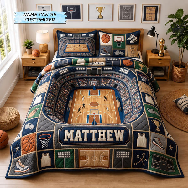 Personalized Basketball Champion 3-Piece Quilted Bedding Set - Design 2 quilted 3-piece bedding set on a made bed with two matching pillow shams