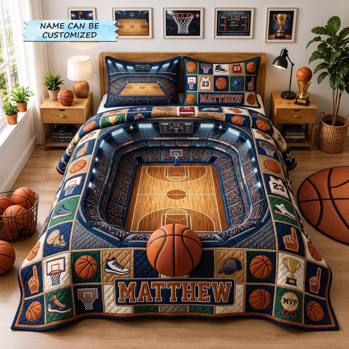 Personalized Basketball Champion 3-Piece Quilted Bedding Set QTCUZ - Design 3 quilted 3-piece bedding set on a made bed with two matching pillow shams