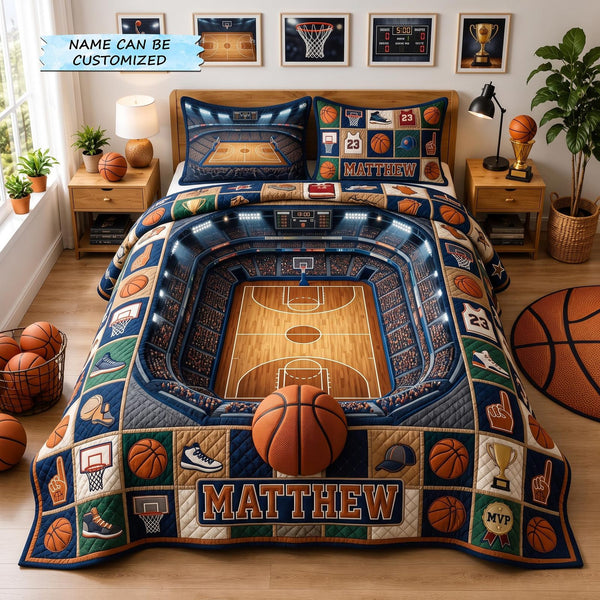 Personalized Basketball Champion 3-Piece Quilted Bedding Set - Design 3 quilted 3-piece bedding set on a made bed with two matching pillow shams