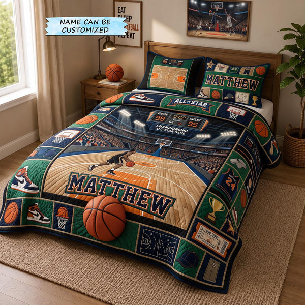 Personalized Basketball Champion 3-Piece Quilted Bedding Set - Design 4 quilted 3-piece bedding set on a made bed with two matching pillow shams