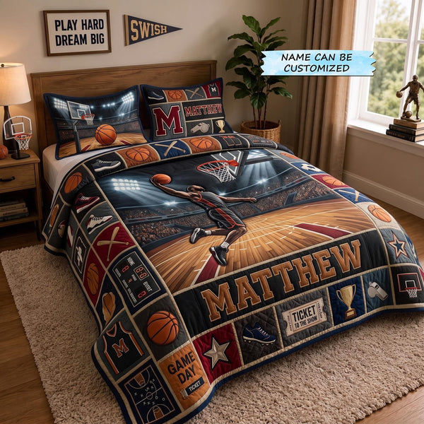 Personalized Basketball Champion 3-Piece Quilted Bedding Set - Design 5 quilted 3-piece bedding set on a made bed with two matching pillow shams