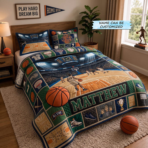 Personalized Basketball Champion 3-Piece Quilted Bedding Set - Design 6 quilted 3-piece bedding set on a made bed with two matching pillow shams