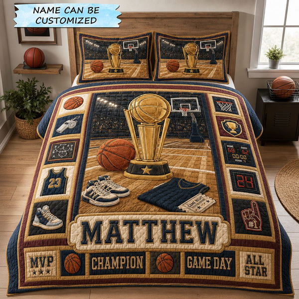 Personalized Basketball Champion Trophy 3-Piece Quilted Bedding Set quilted 3-piece bedding set on a made bed with two matching pillow shams