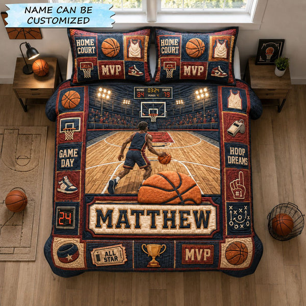 Personalized Basketball Game Day Court 3-Piece Quilted Bedding Set quilted 3-piece bedding set on a made bed with two matching pillow shams