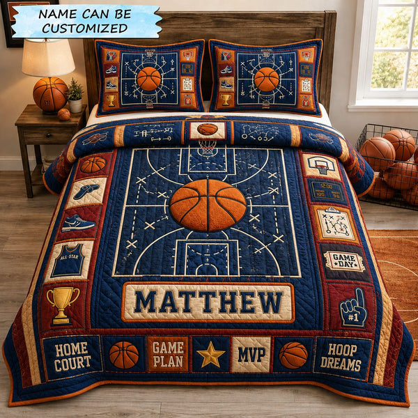Personalized Basketball Home Court Game Plan 3-Piece Quilted Bedding Set quilted 3-piece bedding set on a made bed with two matching pillow shams